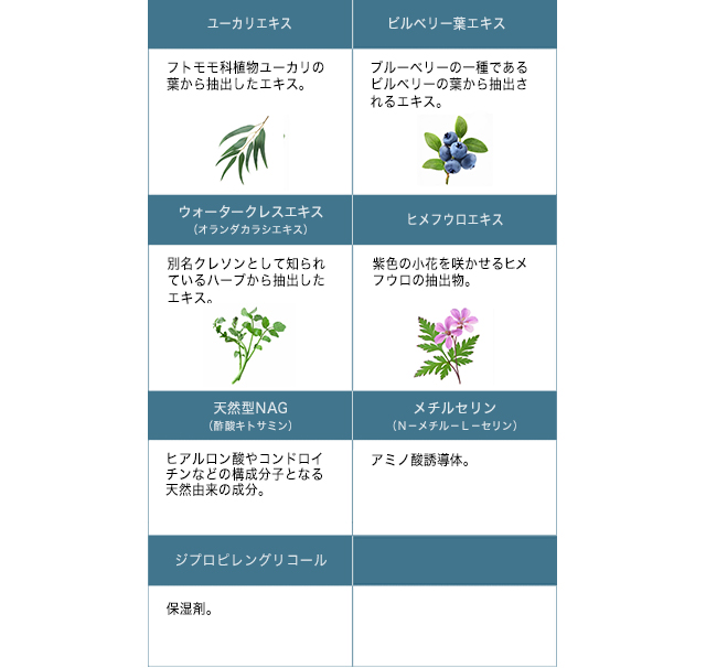 AQUFONS コンプレックスの配合成分a:メチルセリン(N-メチル-L-セリン)、天然型NAG(酢酸キトサミン)、
                        ウォータークレスエキス(オランダカラシエキス)、ヒメフウロエキス、
                        ユーカリエキス、ビルベリー葉エキス、ジプロピレングリコール